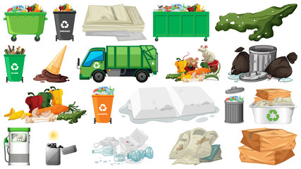 Pollution, litter, rubbish and trash objects isolated