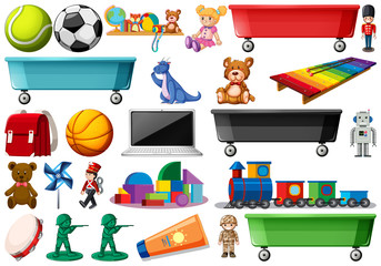 Collection of toys including sports balls, doll, computer, train and teddies