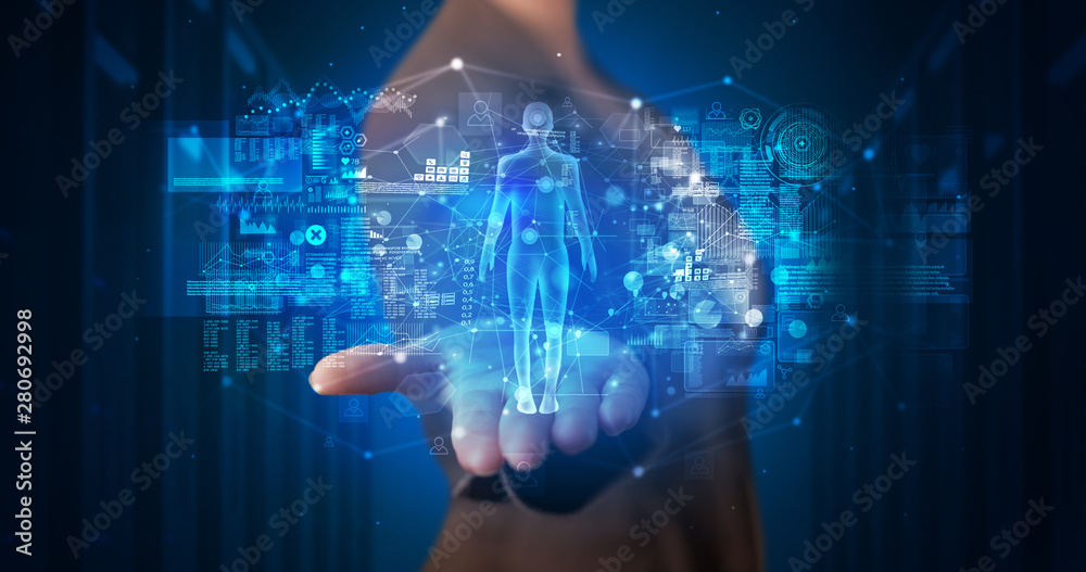 Poster young person holding hologram projection displaying health related graphs and symbols