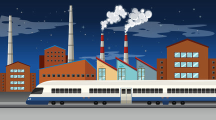 Factory scene with smoke stacks and cooling towers