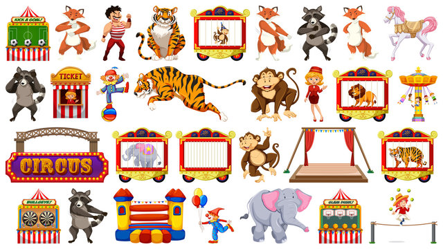 Circus set with animals rides and clowns on isolated background