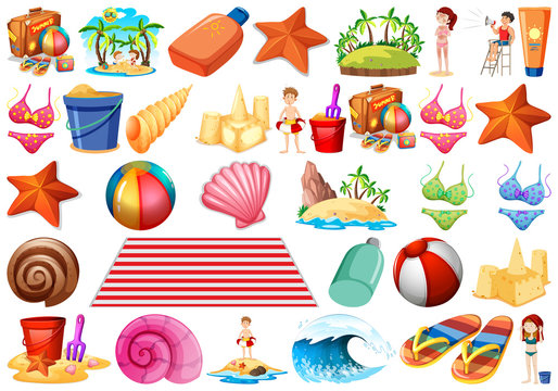 Beach theme object set with starfish, shells, waves, sand castle, bikini