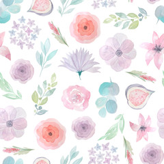 Watercolor flowers and leaves seamless pattern