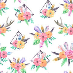 Fototapeta na wymiar Seamless pattern with watercolor gems and flowers