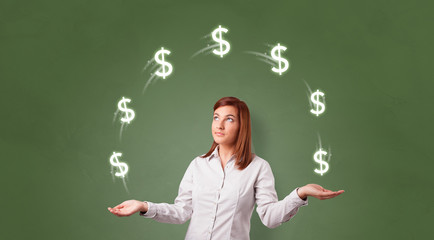 Young happy person juggle with dollar symbol