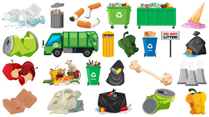 Pollution, litter, rubbish and trash objects isolated