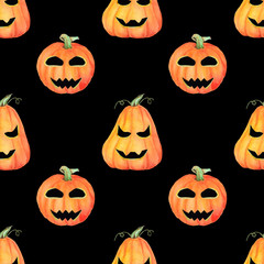 Seamless hand drawn  watercolor pattern. Pumpkins on black background