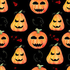 Seamless hand drawn  watercolor pattern. Horror pumpkins and blood on black background