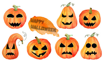 A set of Halloween pumpkin Jack, isolated object on the white background, watercolor hand drawn illustration, cartoon characte