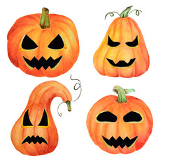 A set of Halloween pumpkin Jack, isolated object on the white background, watercolor hand drawn illustration, cartoon characte