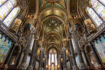 LYON / FRANCE - JULY 2015: Interior decoration of Basilica of Notre-Dame de Fourviere in Lyon, France