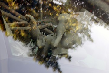 Idol of Hindu Goddess Durga during preparations in Kolkata. Clay idol of Goddess Durga, under...
