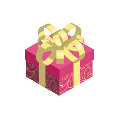 Gift box icon with red pattern wrapping and golden bow isolated on white background. Isometric vector illustration.