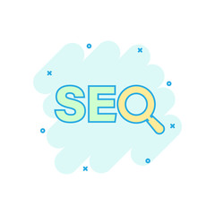 Seo analytics icon in comic style. Social media vector cartoon illustration on white isolated background. Search analysis business concept splash effect.