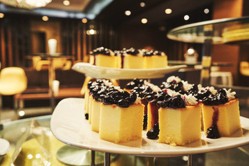          Close up chees cake on the plate at the event hall for conference people