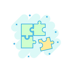 Puzzle compatible icon in comic style. Jigsaw agreement vector cartoon illustration on white isolated background. Cooperation solution business concept splash effect.