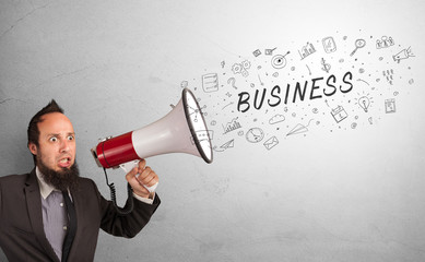 Person holding megaphone and yelling business, management concept