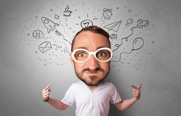 Full big head on small body with icons and symbols around