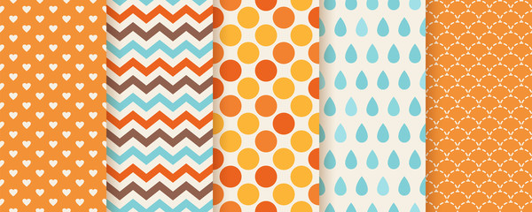 Autumn pattern. Vector. Seamless texture. Print with zig zag, polka dot, hearts and fish scale. Set seasonal geometric backgrounds. Colorful cartoon illustration. Cute abstract wallpaper. Flat design © maradaisy