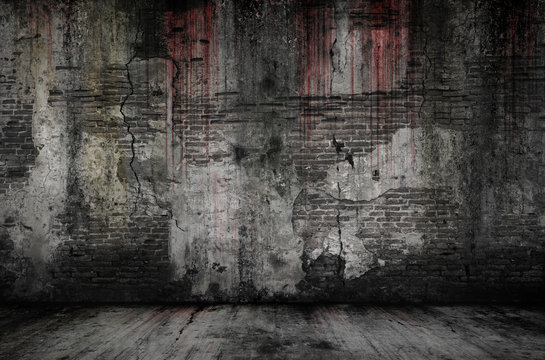 Bloody background scary old bricks wall and floor, concept of horror and Halloween