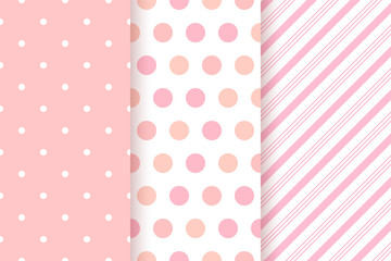 Baby pattern. Baby girl seamless background. Kids textile print. Vector. Pink pastel geometric texture. Cute childish backdrop with polka dots, diagonal stripes. Flat design. Modern illustration.