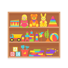 Baby toy on shelf. Vector. Set kids toys on wooden rack. Baby stuff isolated. Collection children icons in flat design. Colorful cartoon illustration on white background. Color banner.