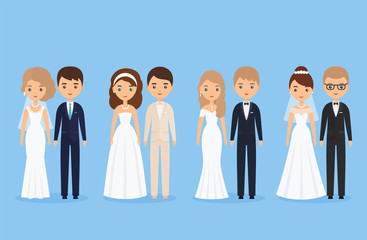 Bride and groom. Newlywed couple isolated. Cartoon wedding characters standing together. Vector illustration. Animated avatars people. Icons male, female person on blue background. Flat design.