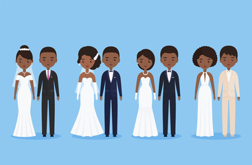 Bride and groom. African newlywed couple. Cartoon wedding characters standing together isolated. Vector illustration. Animated avatars black people. Icons male, female person. Flat design.