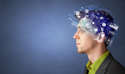 Head full of reports and global management, graphs and charts concept