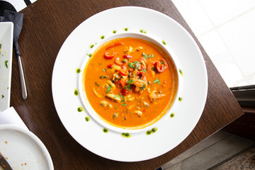 Gourmet Greek dish with mussels in red sauce