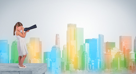 Kid looking through spyglass from the top of a building to a big colorful city