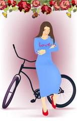Illustration with cheerful girl and bicycle dress