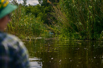 river in the forest and reed and kayaks