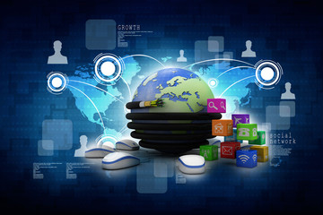 3d rendering Fiber optical cable detail with globe connected mouse