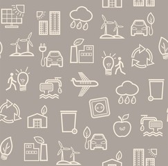 Eco-friendly technology, seamless pattern, gray, light, contour drawing, color, vector. Clean energy, fuel and food production. Seamless color background. Future technology. 