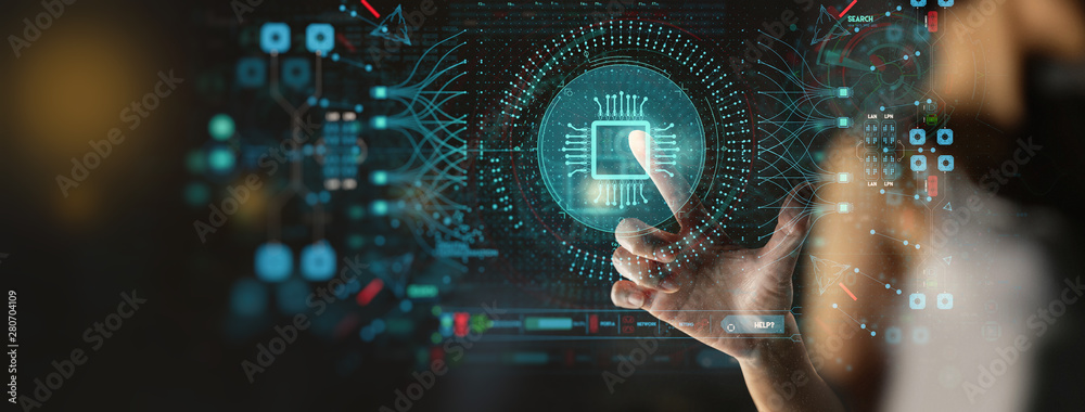 Poster Artificial intelligence (AI) with machine deep learning and data mining and another modern computer technologies UI by hand touching CPU icon.