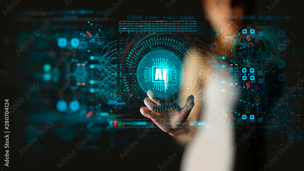 Poster Artificial intelligence (AI) with machine deep learning and data mining and another modern computer technologies UI by hand touching CPU icon.