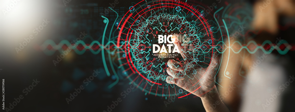 Poster Big data in HUD and icon ui with hand selecting and pressing Big Data symbol and modern interface.