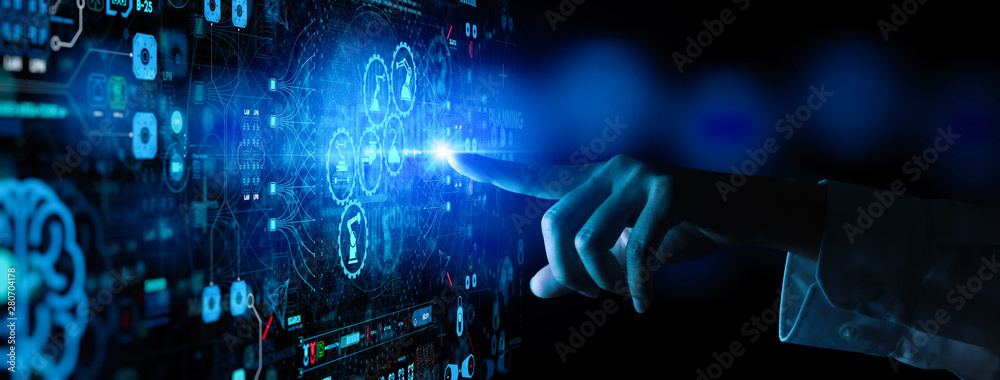 Poster Engineer hand check and control welding robotics automatic arms icon with machine in intelligent factory automotive industrial with UI monitoring system software.