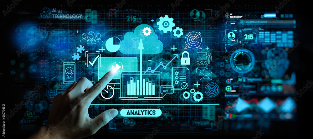Wall mural hand touching business data analytics process management with kpi financial charts and graph and aut