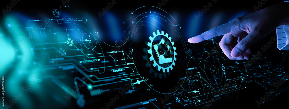 Aufkleber Engineer hand check and control welding robotics automatic arms icon with machine in intelligent factory automotive industrial with UI monitoring system software.