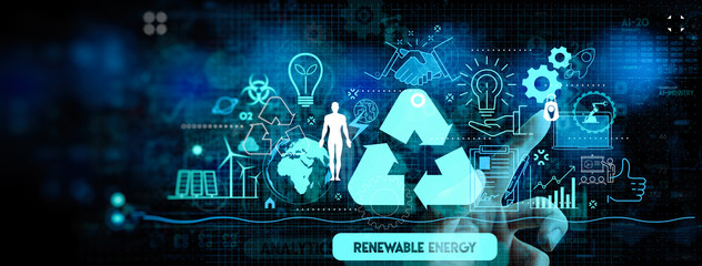 Obraz premium Hand touching Sustainable development FUI with icons of renewable energy and natural resources preservation.