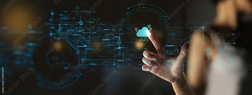 Poster businesswoman hand pushing icon ui of cloud computing technology internet storage network concept
