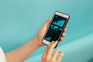 woman and smartphone mobile with blue background business social people for network concept, stock tade risk graph chart, online shopping, server security privacy ai, deep learning data