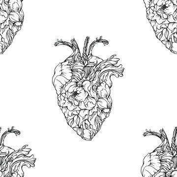 Vector seamless pattern with anatomical shape hearts made from flowers. Black and white line art