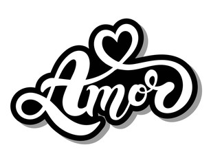 Amor. "Love" in Portuguese. Hand drawn lettering. Vector illustration. Perfect logo for Wedding or Valentine's day design