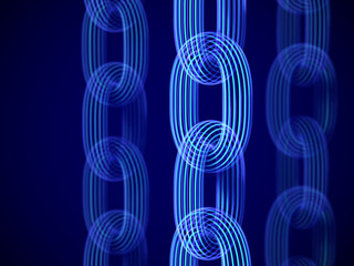 Concept of blockchain technology and network connections: 3D digital chains. Business partnership and communication. Artificial intelligence abstract background. EPS 10, vector illustration.