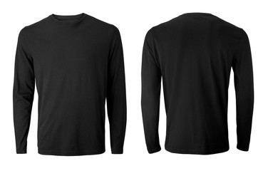 Men's long sleeve black t-shirt with front and back views isolated on white