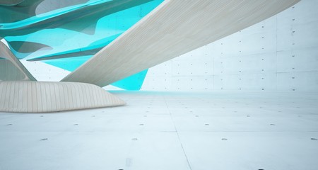 Abstract architectural wood and glass smooth interior of a minimalist house. 3D illustration and rendering.