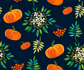 Vector autumn leaves and pumpkin, halloween pattern. Floral stock vector illustration